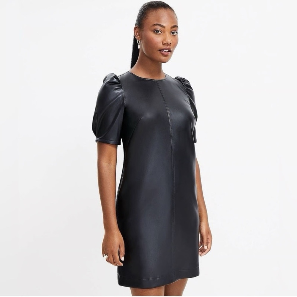 Loft Faux Leather Ruched Sleeve Mini Dress NWT Black Size 0